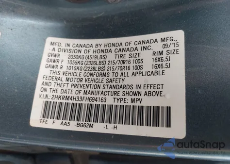 2015 Honda Cr-V Lx from USA, damaged, VIN 2HKRM4H33FH694163